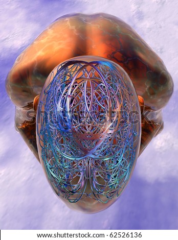 Confusion or Enlightenment - a 3D rendered human figure crouched against a sky background in deep meditation with shiny shapes in the brain area