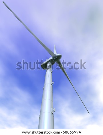 3D rendered Wind Turbine propellers against summer blue sky with clouds