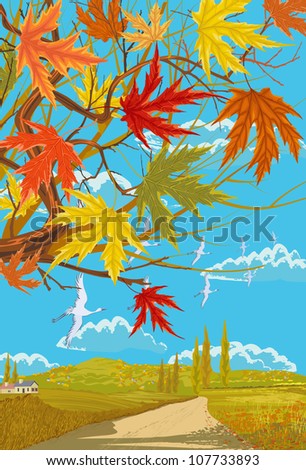 Rural autumn landscape with maple leaves and footpath between fields