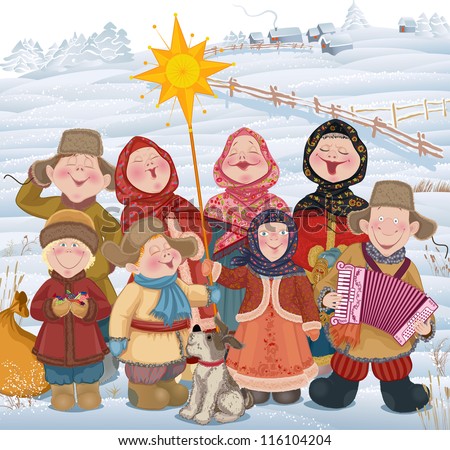 Young people and children in Russian village singing of Christmas carols in Christmastide