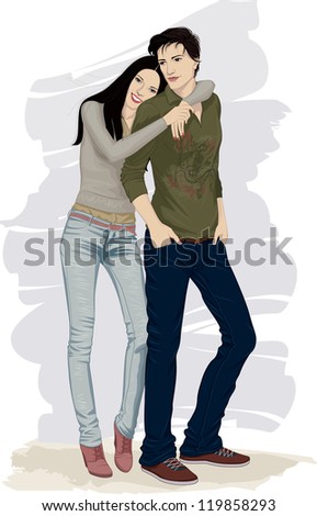 Romantic couple of young people: girl hugging her boyfriend