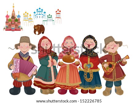 Cartoon People In Traditional Costume With Musical Instruments (Balalaika And Accordion) Are Welcome Guests With A Centuries-Old Russian Tradition - Bread And Salt.