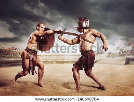 Gladiators fighting on the arena of the Colosseum