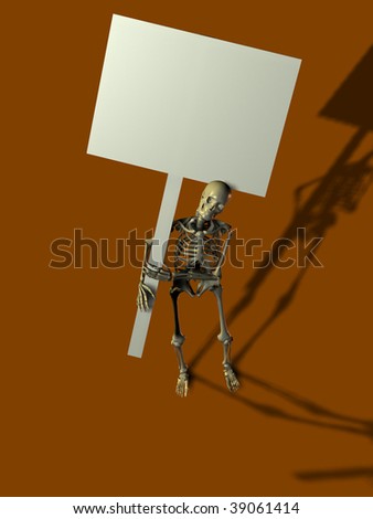 3d render of skeleton holding up a blank sign