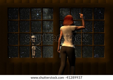 3d render of woman waving out the window to an alien waving back