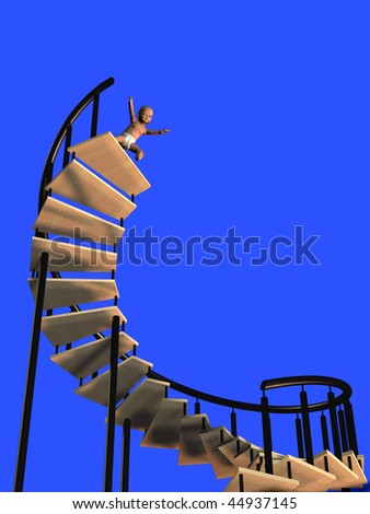 3d render of a baby about to take a high dive from some spiral stairs