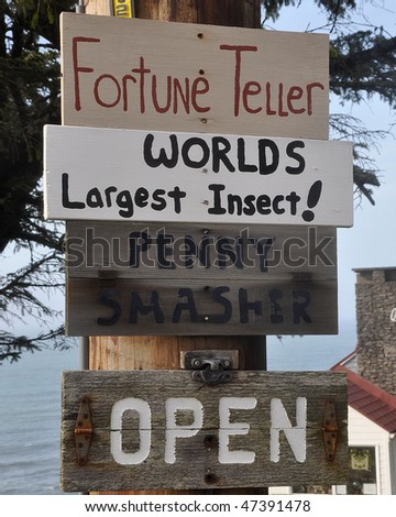 schlocky signs at a tourist trap