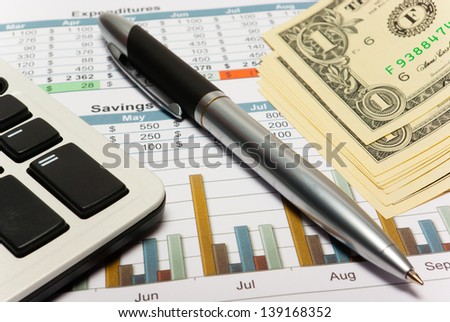 Calculation of the house budget. Ballpoint, calculator, diagramme, money