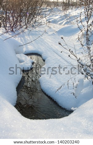 Thawed patch on the frozen stream among snow