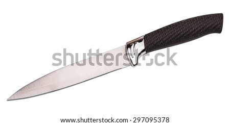 Kitchen knife with black plastic handle isolated on white background