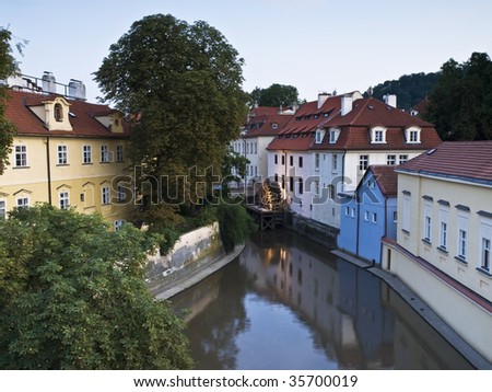 Water channel between the houses of Prague, with a treadmill located at the end of the channel