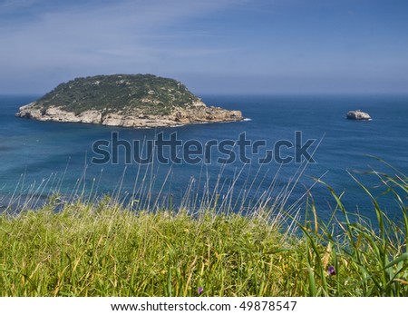 Seascape seen from the top of a cliff above the sea with two islands on the horizon and the fresh green grass in the foreground.
