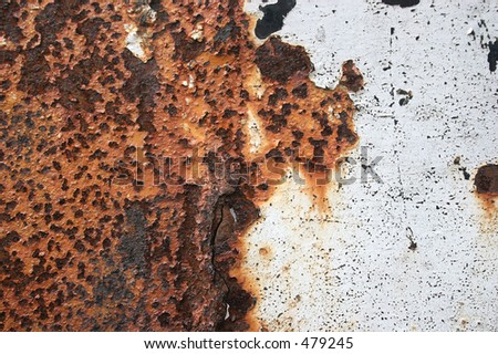 Metal sheet rusting with flaking white paint. Ideal background