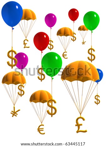 currency symbols. stock photo : currency symbols in balloons and parachute