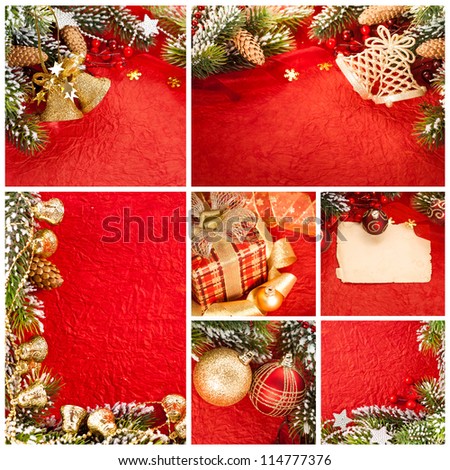 Christmas tree decorations on red paper background. Collage
