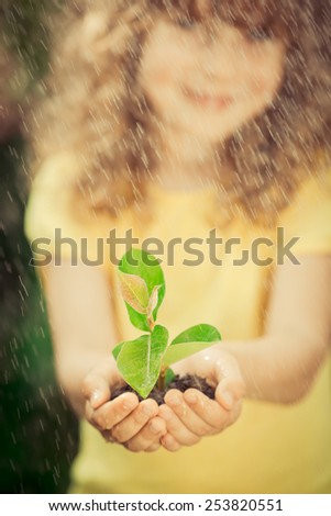 Child holding young green plant in the rain. Spring holiday Earth day concept