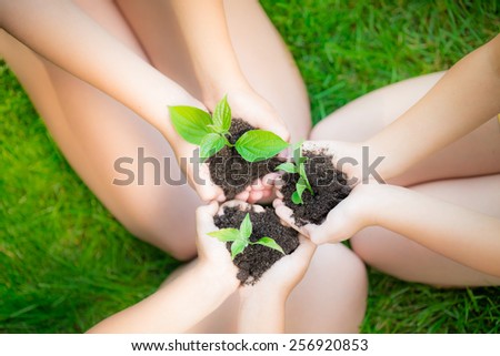Children holding young plant in hands against spring green background. Ecology concept. Earth day