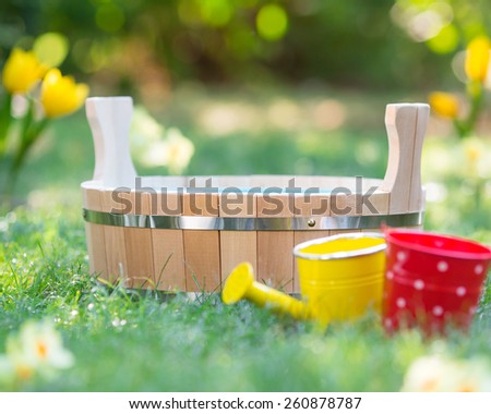 Wooden vat, watering can and bucket on green grass in spring garden