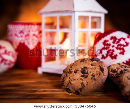 Christmas ornament near fireplace. Winter holiday concept