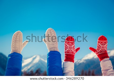 Couple Freedom Winter Fun Mountain Blue Sky Background
