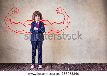 Portrait of strong businessman in office. Success, leader and winner kid