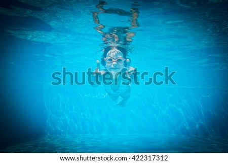 Kid having fun in swimming pool. Underwater portrait of child. Summer vacation