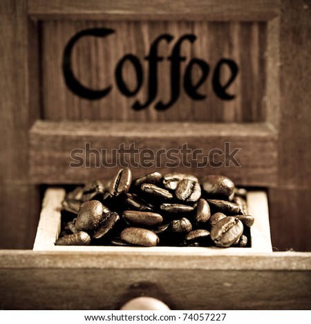 Coffee beans in retro grinder. Shallow depth of field