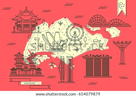Singapore map in flat line design with top-rated city attractions in red and yellow color. Travel vector illustration for tourist guides, flyers, banners and web design.