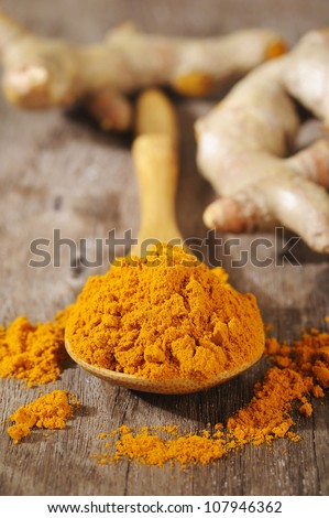 turmeric powder in wooden spoon