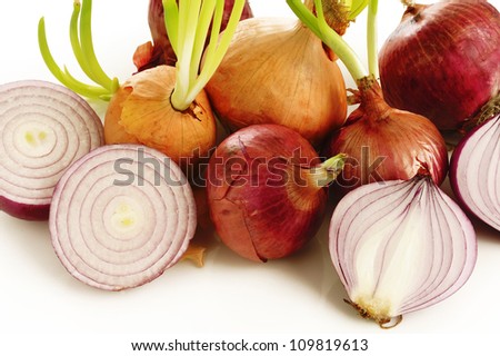 Ripe onion and sprout onion on  white background