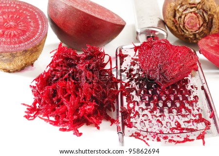 grated beets on a white background