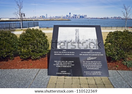 BAYONNE, NJ - MARCH 9: TheTeardrop Memorial Plaque in Bayonne, NJ on March 9,2012. The Teardrop Memorial is a gift from Russia To the Struggle Against World Terrorism dedicated in 2006.