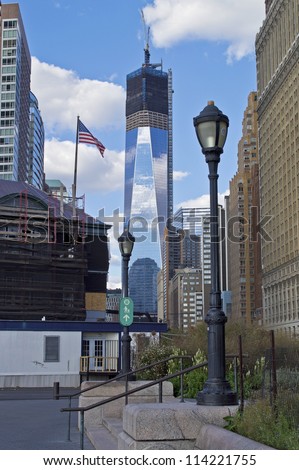 NEW YORK - SEPTEMBER 24: The Freedom Tower as seen from Battery Park in lower Manhattan still under construction on September 24,2012.