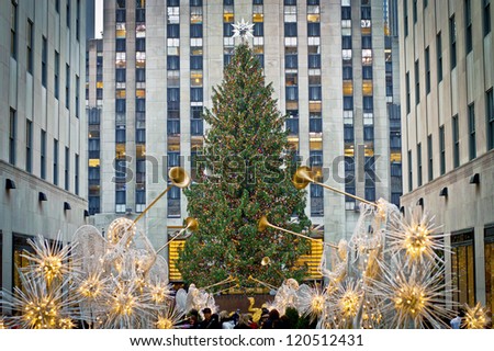 NEW YORK - NOVEMBER 30: Holiday Decorations and the Christmas tree in Rockefeller Center on November 30, 2012 in  New York City.