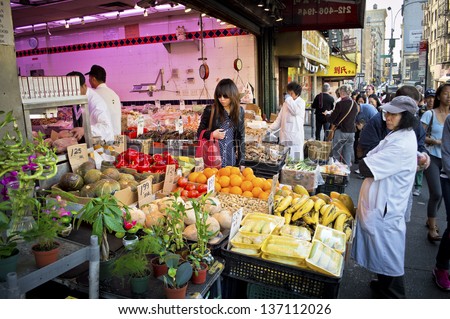 NEW YORK - APRIL 27: A sidewalk produce stand in China Town, New York City on April 27 2013 in New York City. Chinatown is home to the largest amount of Chinese people in the Western hemisphere.