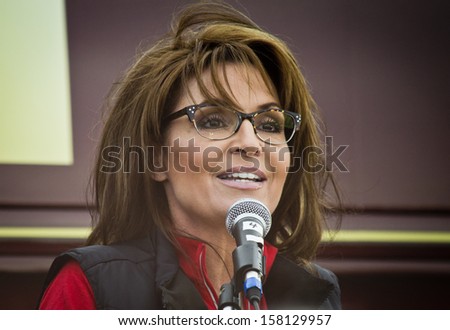 NEW EGYPT, NEW JERSEY/USA  OCTOBER 12: Former Alaska governor and political superstar Sarah Palin at the Tea Party rally for Steve Lonegan on October 12 2013 in New Egypt New Jersey.