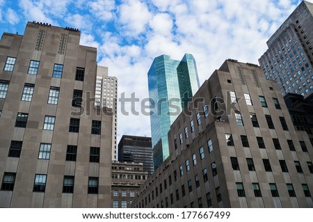 A mix of old and new buildings as seen from Rockefeller Center in New York City.