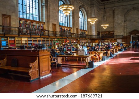 NEW YORK-APRIL 14: A large hall in the New York City Public Library on April 14  2014 in Manhattan. The New York City Public Library is the second largest library in the United States.