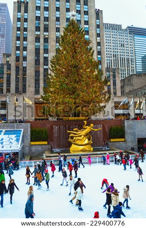 NEW YORK - DECEMBER 30: The world famous Rockefeller Center Christmas tree and skating rink on December 30, 2013 in New York City.