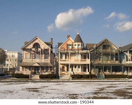 This is a colorful group of victorian houses in Ocean Grove NJ during the winter months.