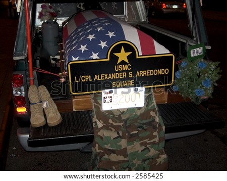 The coffin of a marine was parked in Times Square by the father of the fallen soldier on January 30th 2007.