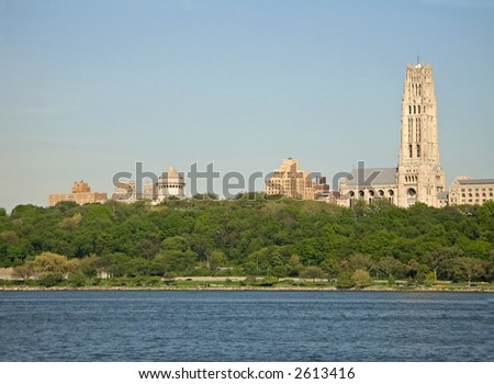 A view of Riverside church and Grants Tomb in Manhattan along the Hudson River from the New Jersey side.