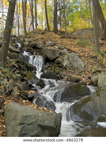 A stream forms a small waterfall in Autumn in the woods of the Pocono Mountains near the Delaware Water Gap.
