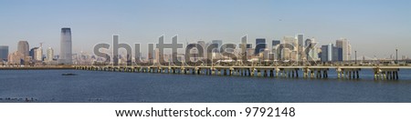 A panoramic view of downtown Manhattan and the pier walkway from Liberty State Park in Jersey City New Jersey.