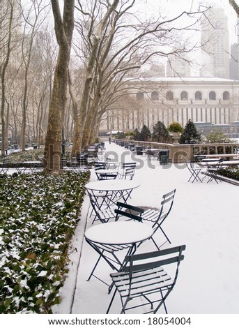 Bryant Park in Manhattan after an early morning snow.