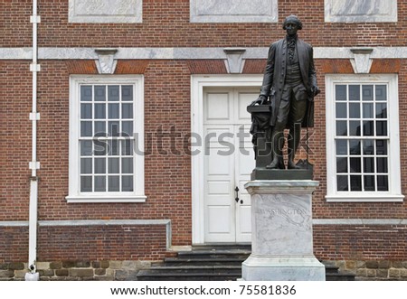 The statue of George Washington, first president of the United States outside of Independence Hall in Philadelphia.