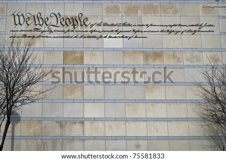 The preamble to the US constitution on the wall of The Constitution Center in Philadelphia.