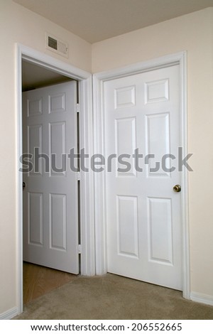 View of two white interior doors one open and one closed in carpeted room.