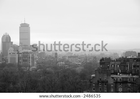 black and white image of the boston skyline, showing the back bay, kenmore square, copley square and beacon hill