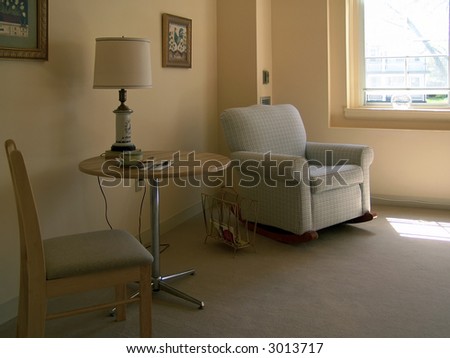 sitting area in assisted living apartment, muted tones, living room, muted tones